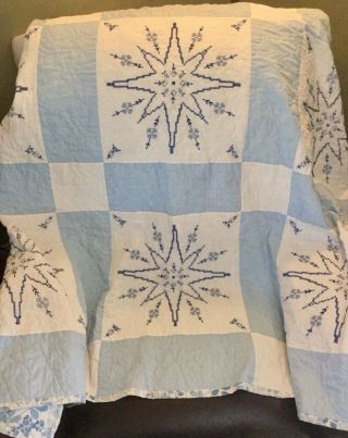 Stunning Vintage Quilt All Hand Embroidered 73x91 Blue & White Twin Or Full
