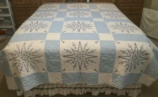 Stunning Vintage Quilt ALL Hand Embroidered 73x91 Blue & White Twin Or Full 2