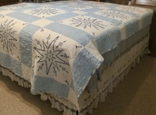 Stunning Vintage Quilt ALL Hand Embroidered 73x91 Blue & White Twin Or Full 3