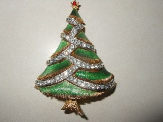 Vintage Signed Jj Rhinestone & Enamel Christmas Tree Pin Pretty 2 1/2 In.