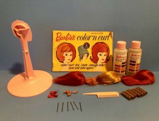 Vintage Barbie Color N Curl Set With Color Magic Wigs Red Gold 1964
