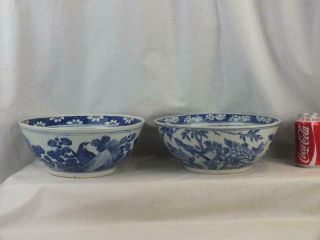 Two Large 19th C Chinese Porcelain Birds Prunus Butterflies Punch Bowls