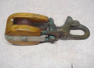 Vintage Nautical Brass Wood Pulley Snatch Block & Tackle Pulleys 2 Rare