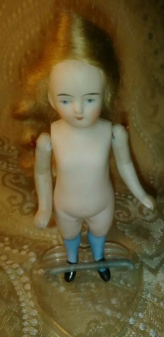 Rare Small Antique German Blue Eyed Bisque Dollhouse Miniature Doll