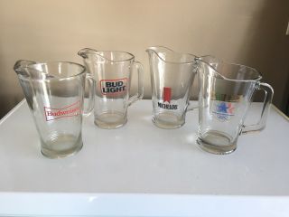 4 Vintage Glass Beer Pitchers.  2 Michelob Budweiser & Bud Light