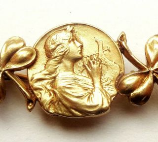 Exquisite Art Nouveau Antique Gold Plated Medal Brooch To The Lady With The Harp