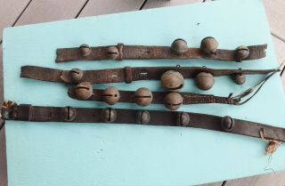 Old Vintage Shank Horse Sleigh Bells On Leather Straps 18 Antique Brass Bells