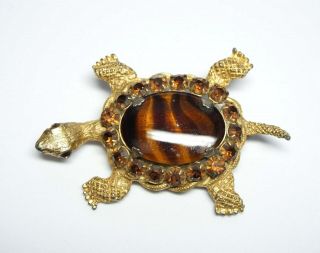 Vintage Signed Denicola Topaz Rhinestone & Amber Glass Turtle Brooch/pin - Darling