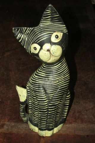 Vintage Mid Century Folk Art Retro Hand Painted Balsa Wooden Carved Cat Statue