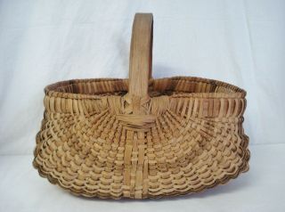 Antique Oak Splint Buttocks Gathering Basket 14 " Bentwood Handle Americana