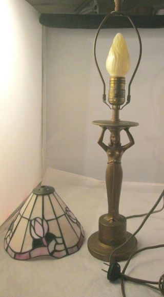 Rare Art Deco 1920 ' s Modernistic Lady Metal Lamp w stained glass shade 2