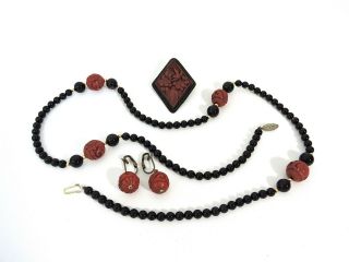 Vintage Chinese Red Cinnabar,  Black,  Gold Bead Necklace,  Silver Brooch,  Earrings