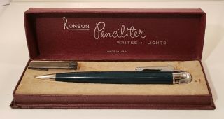 Vintage Ronson Penciliter In Blue Enamel With Box And Cleaning Brush