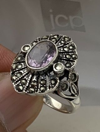 Vintage 925 Sterling Silver Amethyst And Marcasite Ring.  Sz.  6 1/2