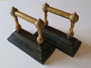 2x Vintage/antique Fire Dogs Brass/black Cast Iron Tool Stand Set Fireside Deco