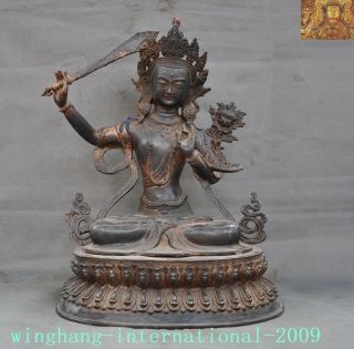 Old Tibetan Buddhism Pure Bronze Hold Sword Manjushri Tara Goddess Buddha Statue