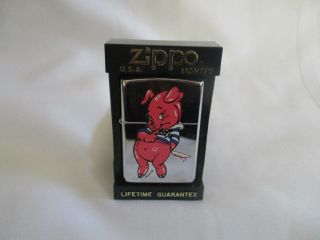 Zippo Lighter Pink Shy " Piggy " Signed By Kozik W Seal I Xi Polished Chrome