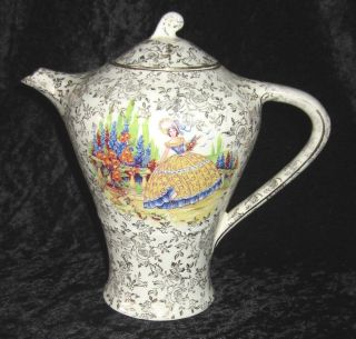 Vintage Empire Ware Crinoline Lady Gold Chintz Art Deco Coffee Pot England.