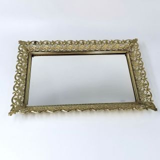 Vintage Goldtone Vanity Dresser Mirror Filigree Rectangle Cosmetics Tray Frame