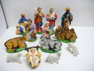 Vintage 13 Piece Hand Painted Nativity Set Made In Italy W 3 Kings.  Mary & Jesus