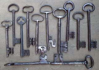 12 Huge Mostly 18th Century French Wrought Iron Keys