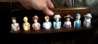 Vintage Avon Victorian Lady Thimbles Complete Set Of 8 With Mahogany Rack [ct08]