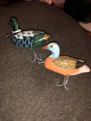 Two Unknown Vintage Wooden Duck Lures Glass Eyes