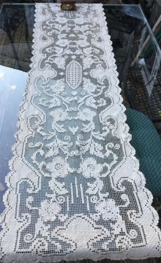Vtg Antique Italian Filet Net Lace Table Runner Dresser Scarf 15 X 57 In