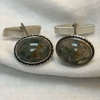 Vintage Cufflinks Silver Art Deco 1930s To 1940s Oval Moss Agate Lovely Stones