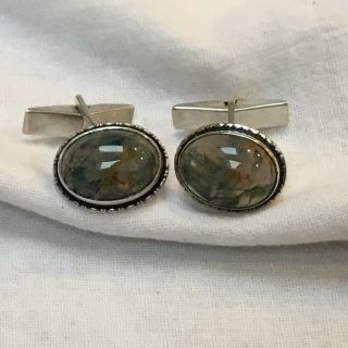 Vintage cufflinks silver Art deco 1930s To 1940s Oval Moss Agate Lovely Stones 2