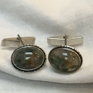 Vintage cufflinks silver Art deco 1930s To 1940s Oval Moss Agate Lovely Stones 3