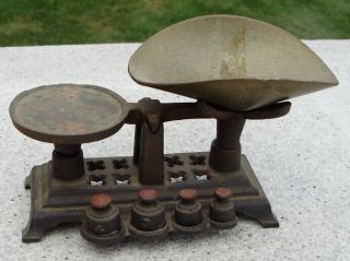 Vintage Antique Small Miniature Cast Metal Balance Scale With Scoop Weights