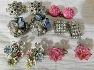 6 Pairs Of Vintage Clip On Earrings,  Crystals Clusters,  Rhinestone Flowers
