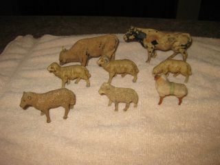 8 Antique Vtg Putz Christmas Flocked Nativity Animals Stick Leg Cow Sheep
