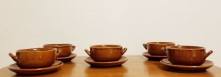 Vintage Brown Glazed Pottery Handled Soup Bowl And Saucer Set Of 6