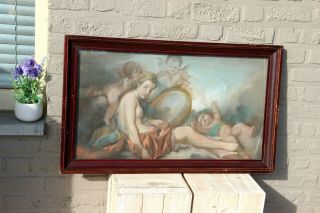 Antique French 19th Pastel Painting Art Nouveau Lady With Putti Framed