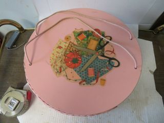 Vintage 1940s Princess Pink Wicker & Wood Round Sewing Decal Sewing Basket Box