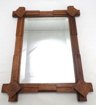 Antique Tramp Folk Art Hand Made Wooden Frame With Beveled Mirror - 10 " X 14 "