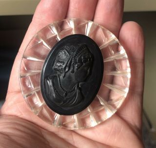 Vintage Large Clear Lucite & Black Bakelite Style Plastic Cameo Brooch Pin