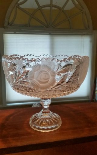 Large Antique Pressed Glass Crystal Large Bowl With Frosted Flowers