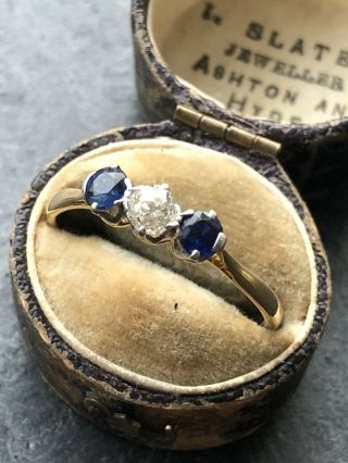 Antique 18ct Yellow Gold And Platinum Sapphire And Diamond 3 Stone Ring.
