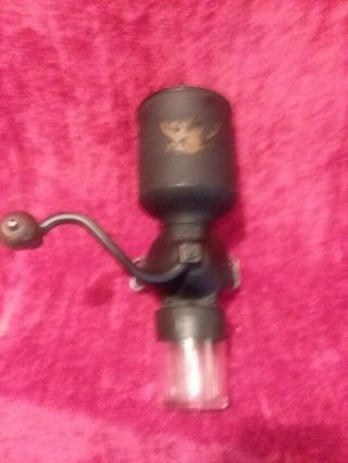 Rare Antique Pat.  D 1891 Iron Metal Black Wall Mount Coffee Grinder W/ Old Glass