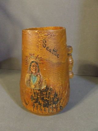 Vtg Carved Wood Native American Indian Decal Seattle Souvenir Cup Mug W/ Handle