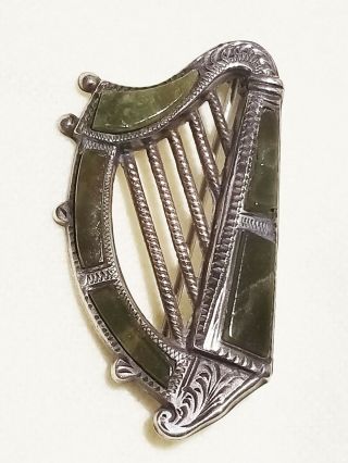 Antique Sterling Silver And Agate Pin Hallmarked Birmingham 1906 Harp Shape
