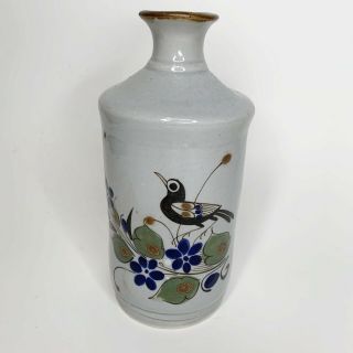 Tonala Mexican Pottery Vase Glazed Floral Bird Folk Art Vase 8 3/4” X 3 5/8” Vtg