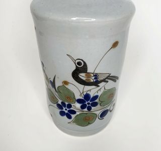 Tonala Mexican Pottery Vase Glazed Floral Bird folk art vase 8 3/4” X 3 5/8” Vtg 2
