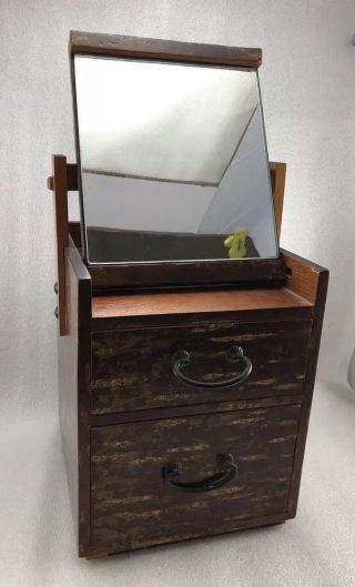 W2 Vintage Japanese Sakura Cherry Bark Wood Jewelry Box W/ Mirror And Drawer