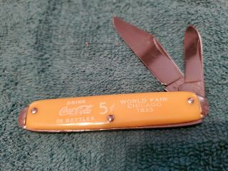 Vtg Coca Cola World Fair 1933 Chicago Double Blade Pocket Knife Yellow K27
