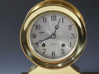 Brass Chelsea Ship ' s Bell Clock & Barometer on Base - Runs Perfect - 1980 ' s 2