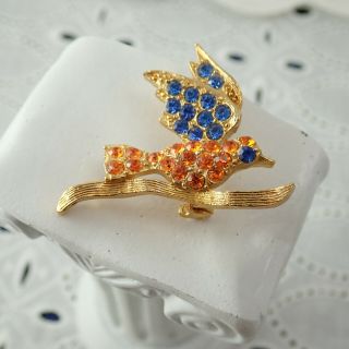 Vintage Gold Tone Blue Orange Rhinestone Bird On Branch Pin Brooch